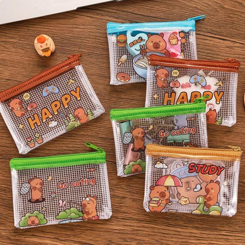 2Pcs Cute Capybara Coin Storage Bag Transparent Mesh Zipper Coin Purses Cartoon Wallet Portable Waterproof Clear Bags Gifts