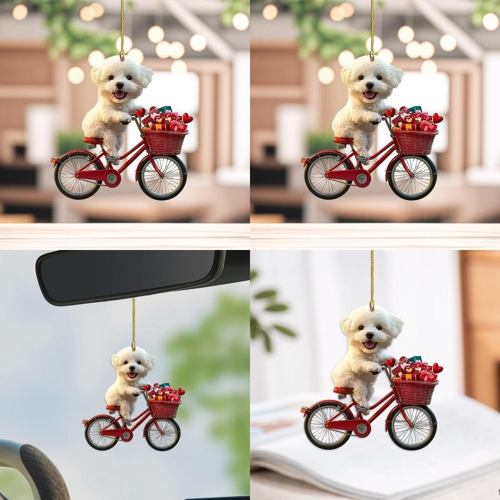 Mirror Car Acrylic Ornament Cartoon Dog Riding Bicycle Pendant For Decor Vehicle