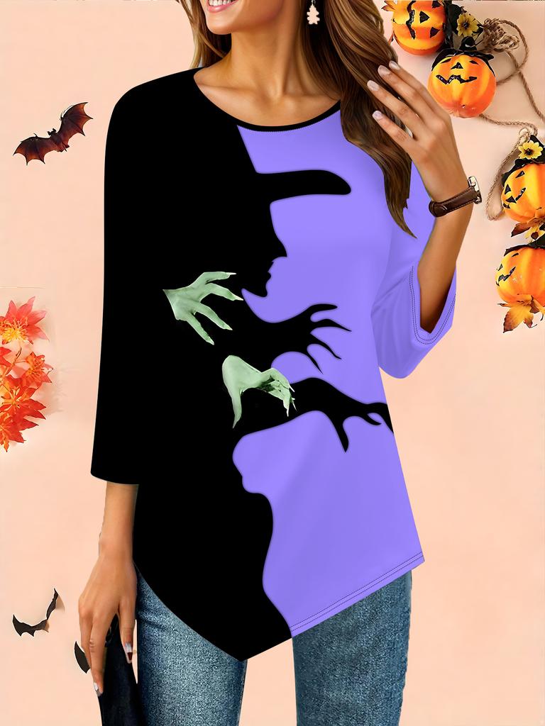Damen Locker Rundhals Dreiviertelarm T-Shirt 3D Halloween Muster Ideales Halloween- und Weihnachtsgeschenk
