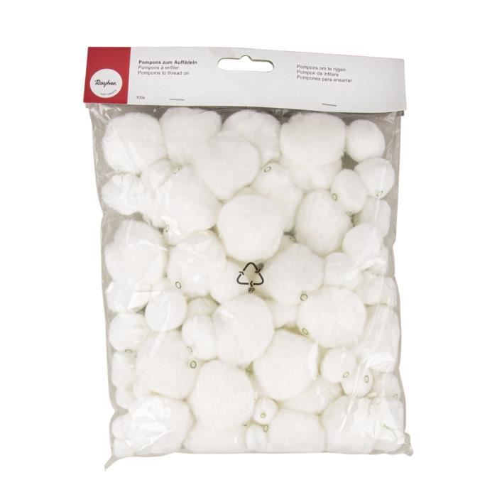 Pompons à enfiler - LS - Blanc - 4 tailles - 100 pièces - Objets décoratifs