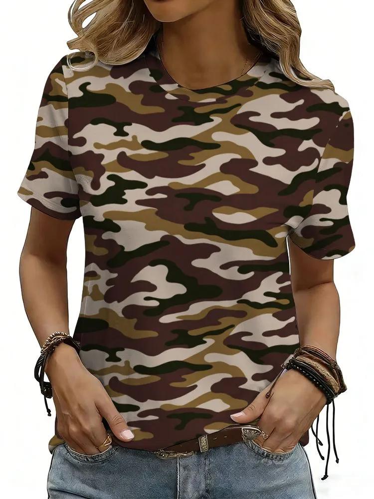 Camouflage T-Shirts Camo 3D Print Women's Casual Short Sleeve Round Neck