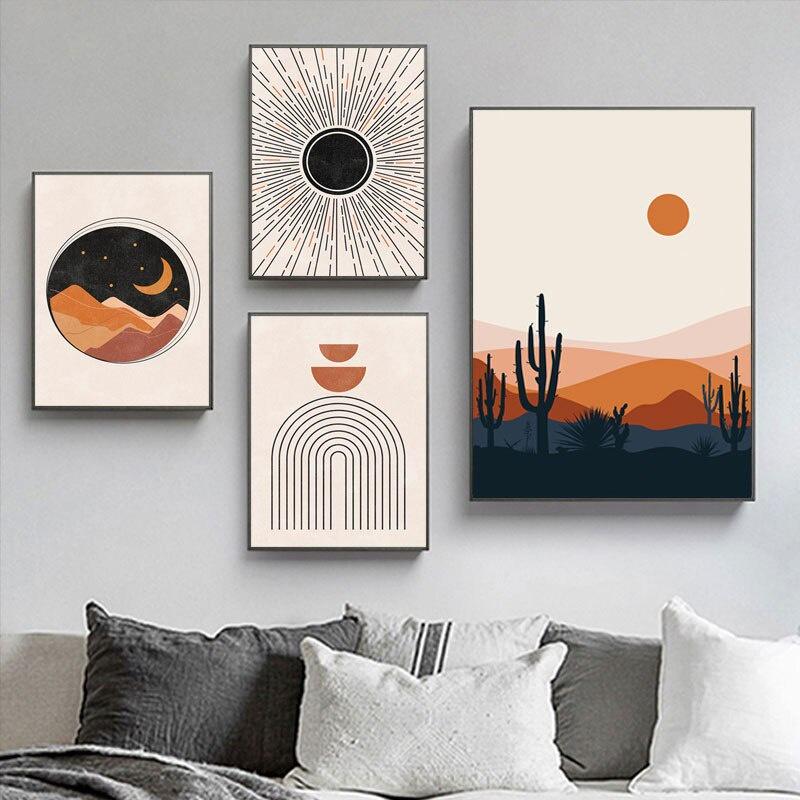 

Vintage Geometric Line Sun and Moon Canvas Painting Art Poster And Prints Abstract Wall Picture for Living Room Decor