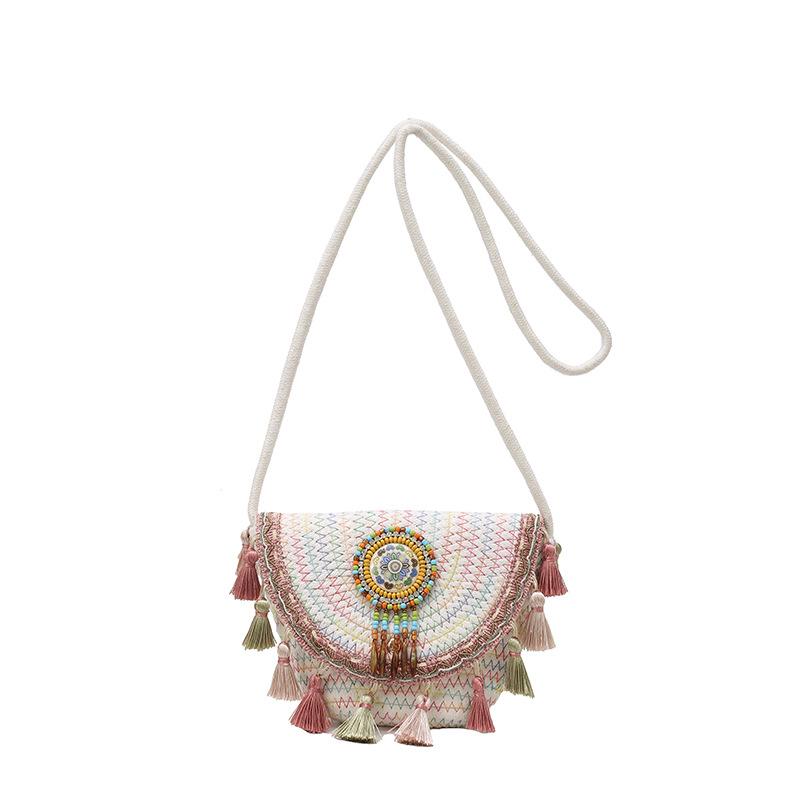 Новая простая модная популярная соломенная сумка в этническом стиле с бахромой и шариками, простая сумка через плечо, портативная сумка на плечо розовый