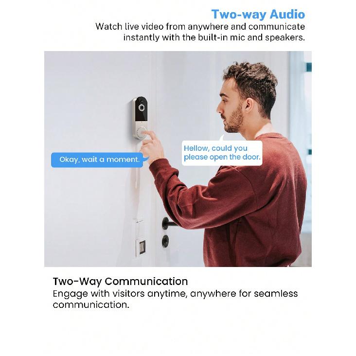 1080P Video Doorbell Camera Wireless With Free Chime, Smart AI Human Detection, Night Vision, 2-Way Audio, Battery Powered, Cloud Storage, 2.4G WiFi,