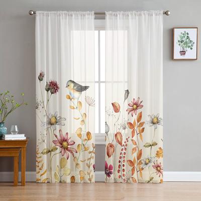 Outono Planta Flor Silvestre Margarida Pássaro Tule Cortina de Janela Transparente Cortinas Valências Para Sala de Estar Decoração de Casa Painel Drapeado