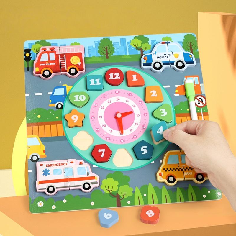 Montessori Toys Wooden Creative 3D Puzzle Building Block Tangram Jigsaw Early Education Kids Cognition Time Learning Teaching