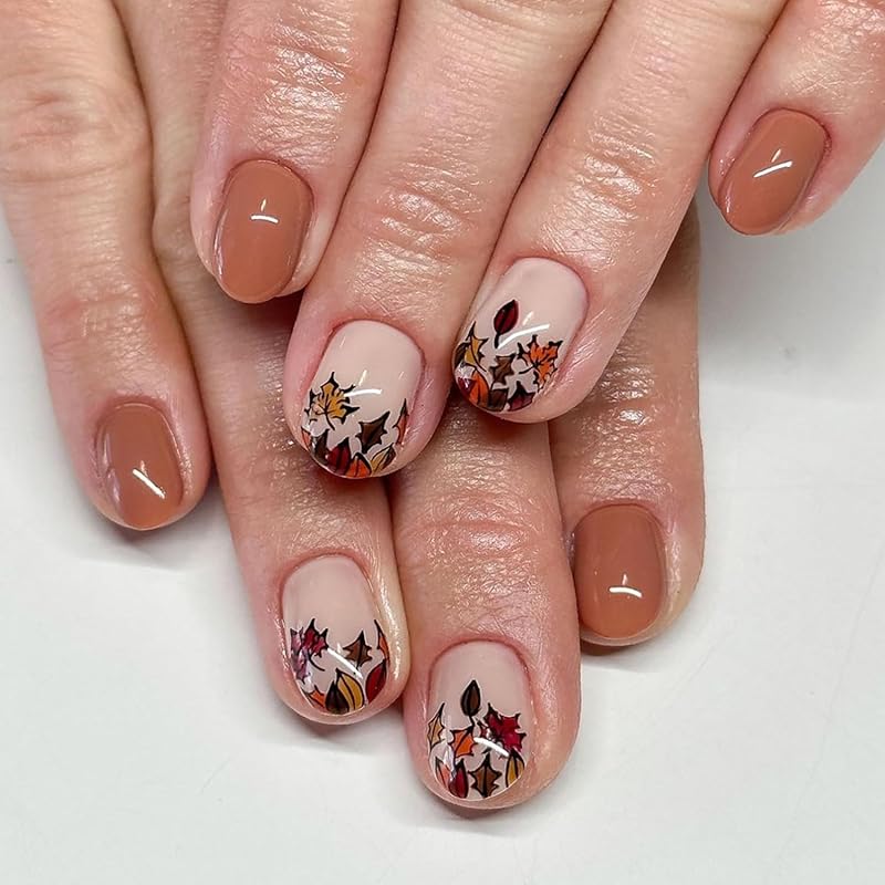 Brown Press on Nails Short Square Fake Nails Fall False Nails with Maple Leaf Designs Cute Stick on Nails Full Cover Acrylic Press on Nails a1