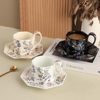 French Orchid Ceramic Coffee Cups & Saucers Set Home Office Dishwasher Milk Latte Cappuccino Girl Gift Cup