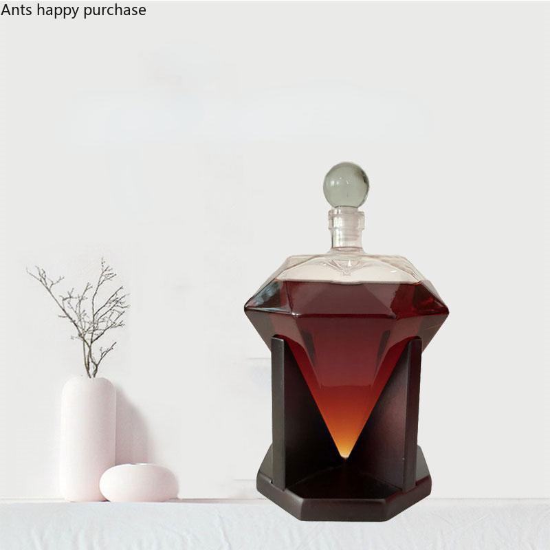 Diamond Shaped Glass Bottle with Wooden Base Thickened Glass Pitcher Flagon Decanter Hip Flasks Liquor Bottle Whiskey Bottles