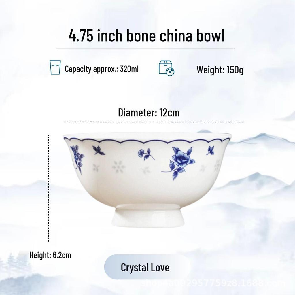 Blue and White High-Foot Bone China Noodle Bowl - Chinese-Style, Anti-Scald, Customizable for Birthdays
