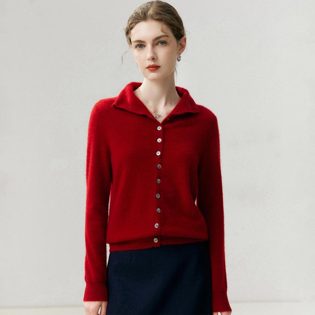 High Neck Cashmere Cardigan: Autumn/Winter Button-Up Rolled Hem Knitwear Sweater for Women.