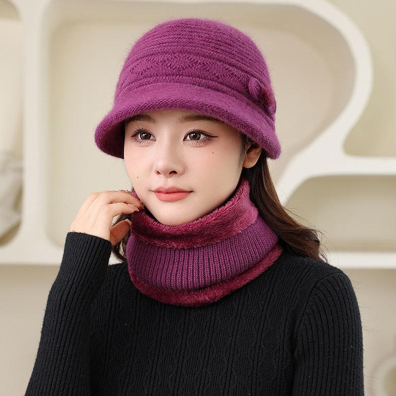 Fleece Warm Hat Ladies Mom Rabbit Plush Fashion Knitted Scarf Basin Hat Winter Grandma Windproof Hat