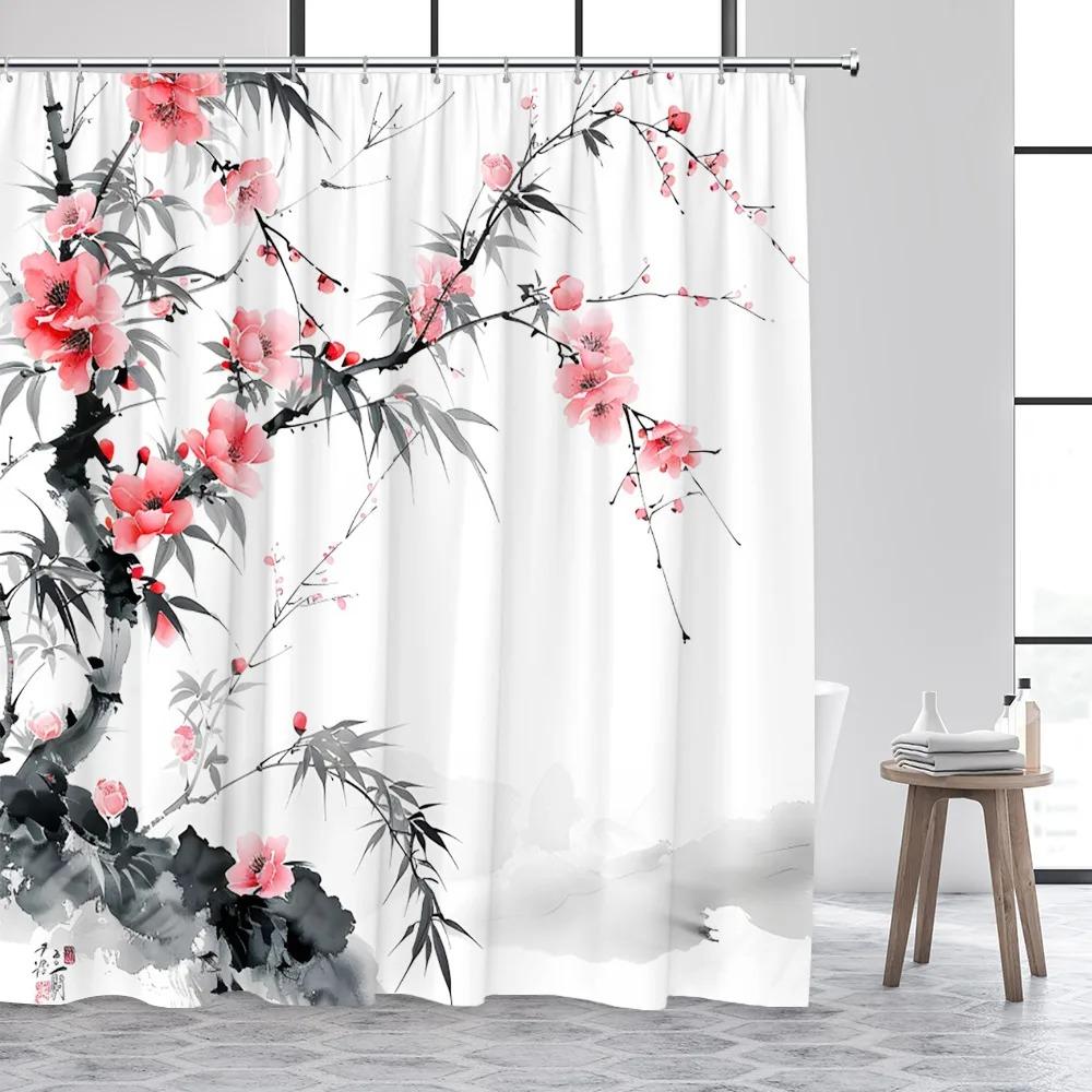 Japanese Style Ink Landscape Shower Curtain Sea Waves Crane Koi Fish Mountain Waterfall Plant Floral Bathroom Curtains Decor Set