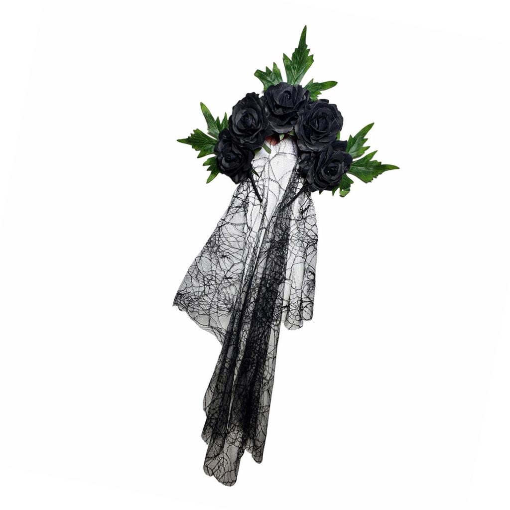 Halloween Gothic Lace Veil Headband With Red Roses Cosplay Hairband For Women Kids Costume Party Accessories