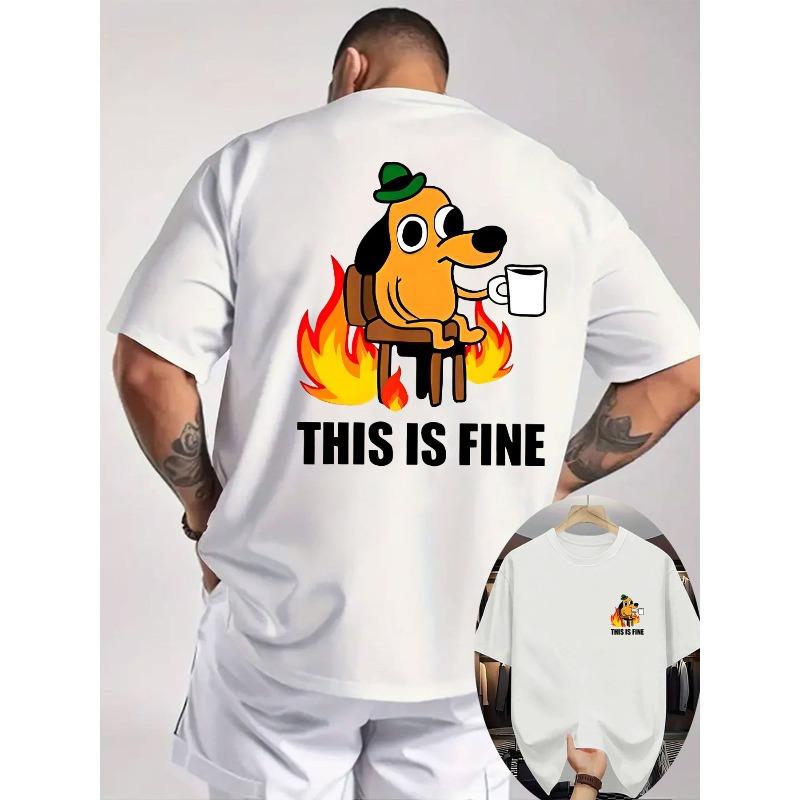 

Men S T-Shirt in White, Adorned with an Orange Cartoon Dog Design on The Back, a Bowler Hat Holding a Mug, a Fiery Chair Scene, a Smaller Dog 4XL