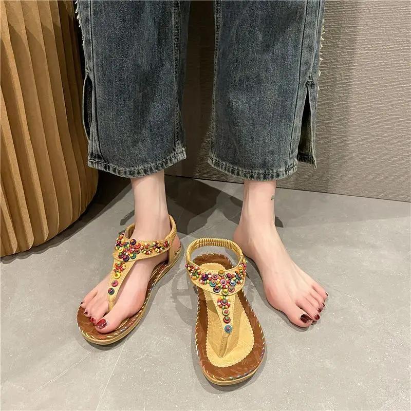 Fashion Summer Designer Casual Bohemia No Heel Sandals for Women 2025 Comfortable Anti Slip Hot Luxury On Sale Wholesale Vip Woman Shoes