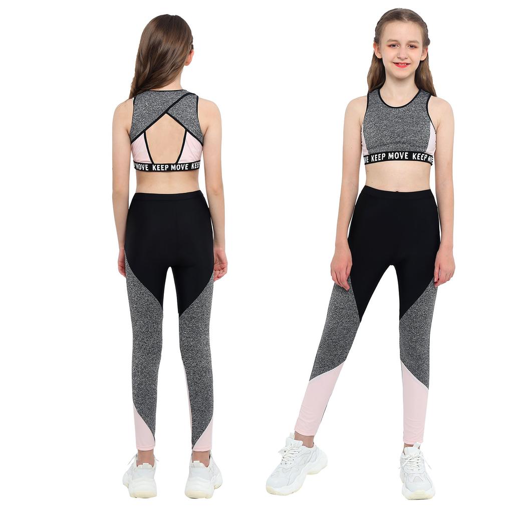 Kids Girls Sport Wear Set Wide Shoulder Straps Vest Top and Sport Pants Set Workout Running