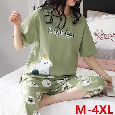 Nuevo pijama con estampado de dibujos animados para mujer, pantalones cortos de longitud media y mangas cortas, conjunto de pijama de talla grande a la moda