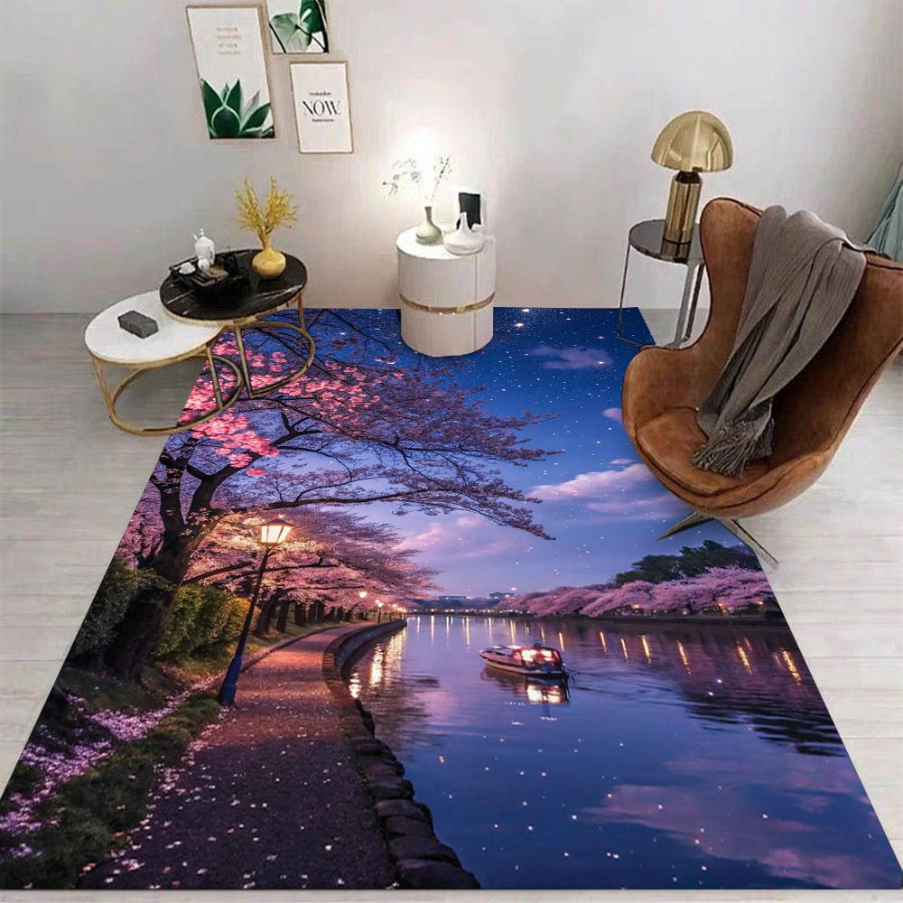 Japanese Cherry Blossom Night Scene Carpet Various Styles With Moon River Street Lamp Floral Patterns Rug For Living Room Decor