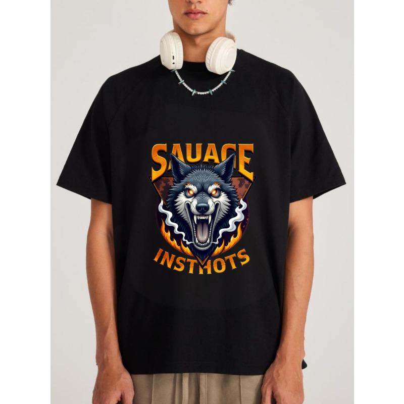 

White T-Shirt with Sausage Insthots Wolf Graphic and Flame Design for Casual Wear XXXXL чорний