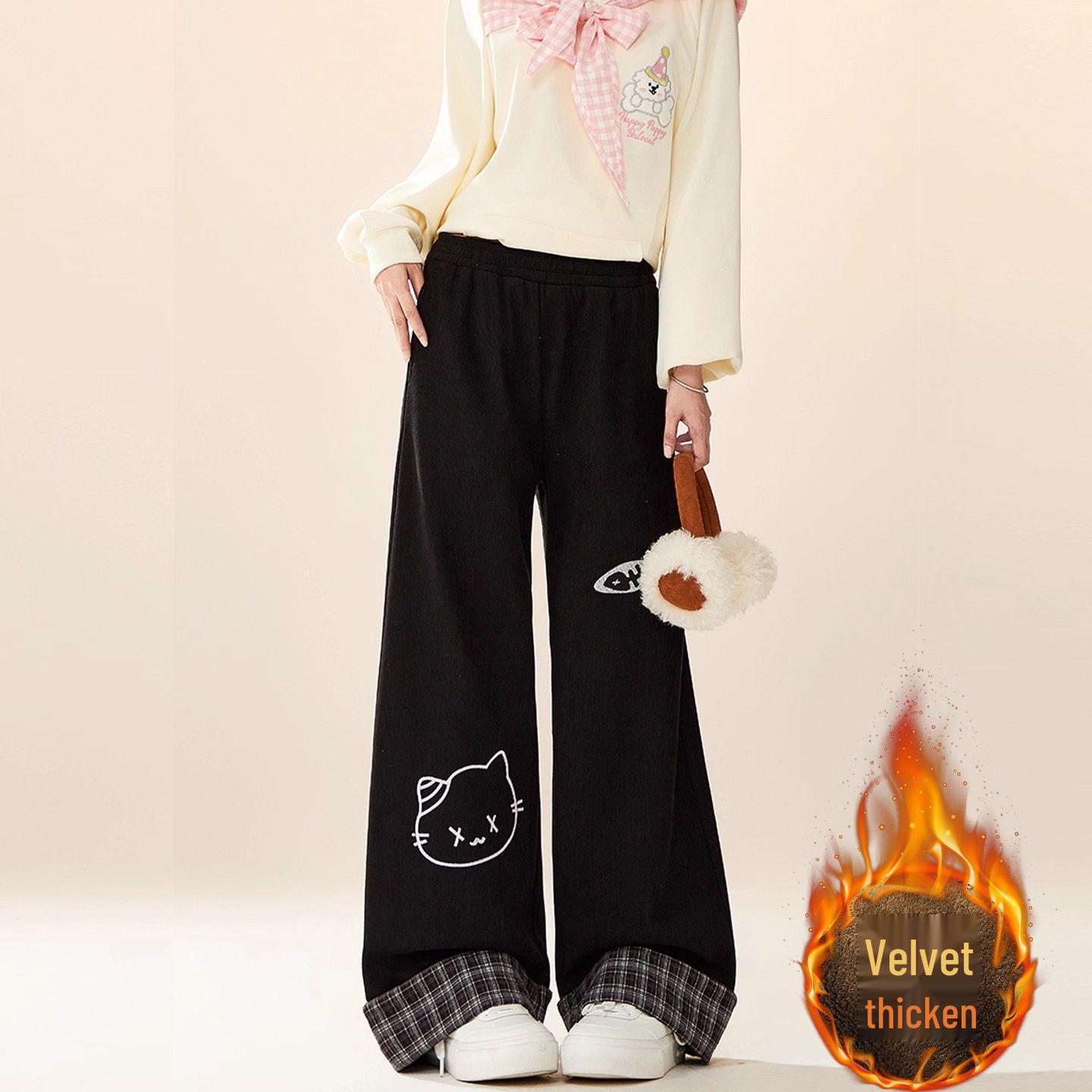 

Plus Size Women s Cat Print Fleece Lined Sweatpants for Autumn and Winter - College Style, Age-Reducing Casual Pants 2XL чёрный