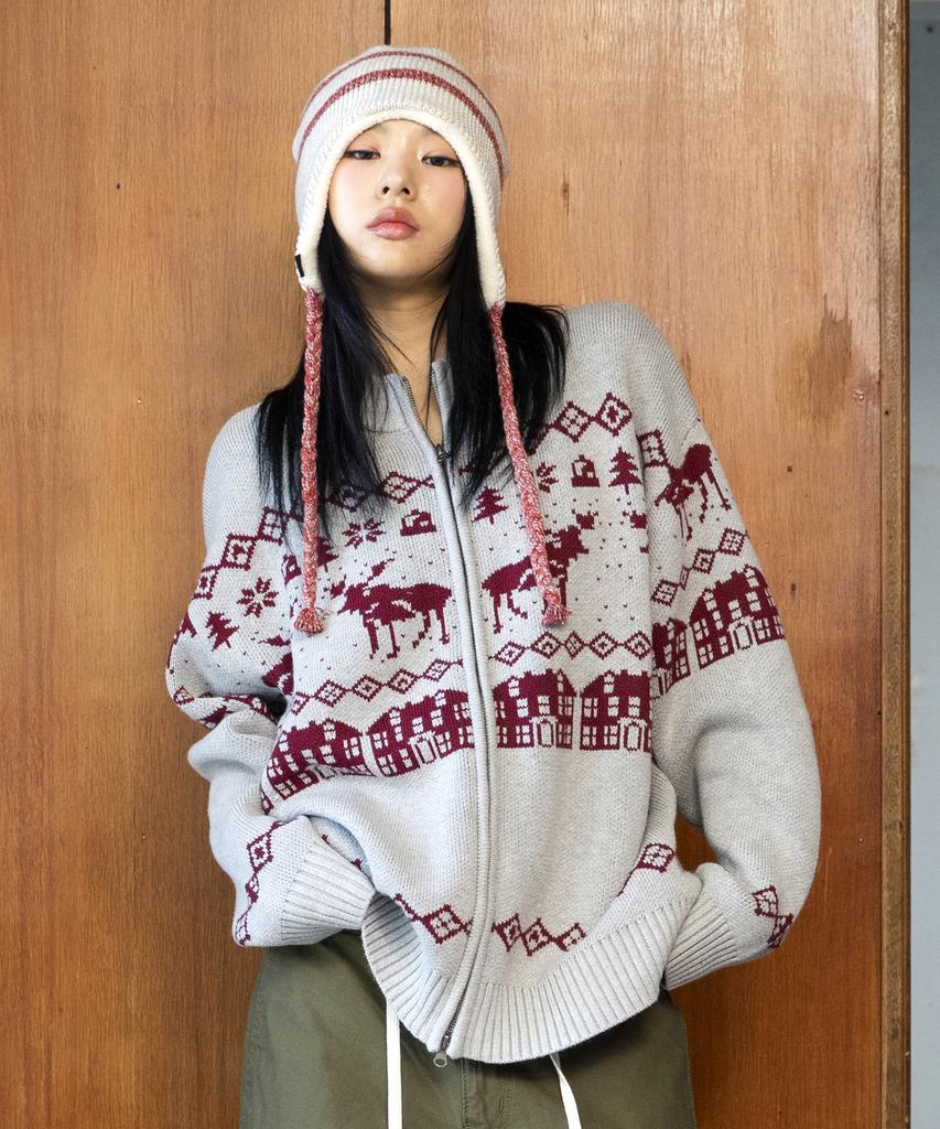 GLACK Gnt071 Kevin Nordic Pattern Knit Zip-Up (Gray)