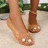 Sandales à talon bas pour femme Mode Bout rond Ouverture peu profonde Perle Creux Respirant Semelle souple Antidérapant Chaussures plates