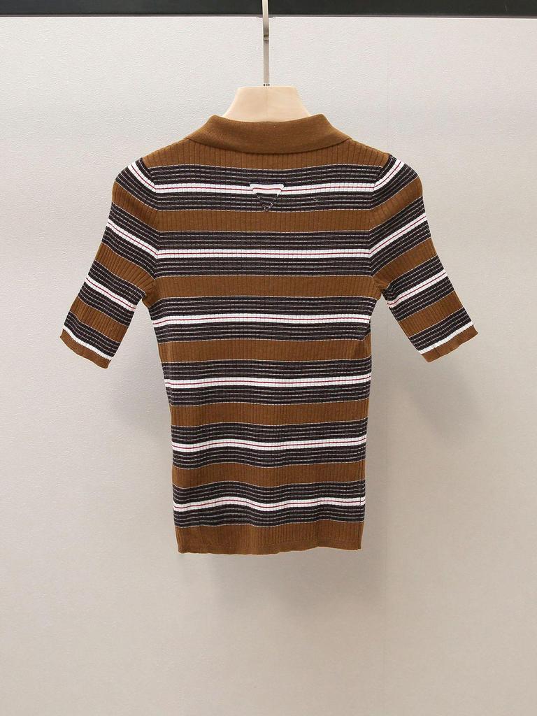 Dámský podzimní francouzský úzký pruhovaný pletený polo svetr s límečkem