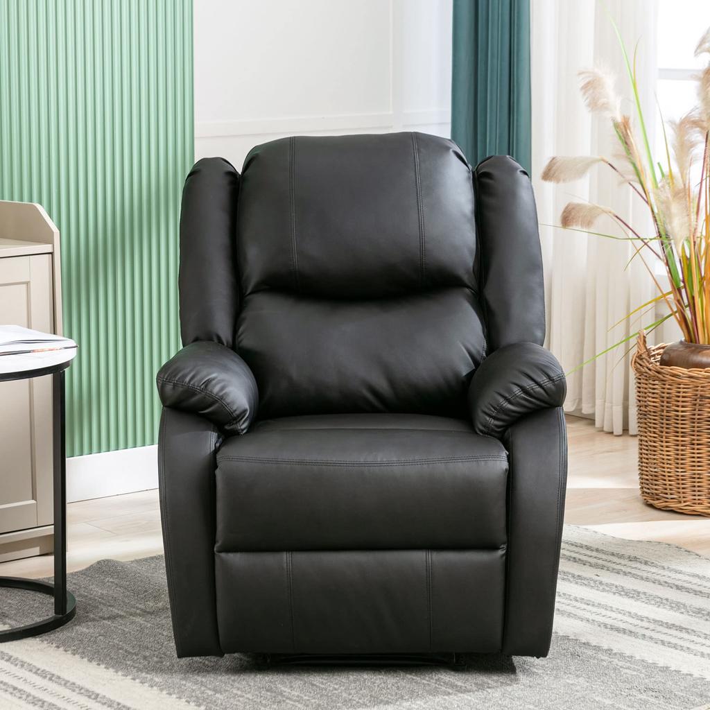 Recliner 130° Tiltable, Single Sofa Leg Rest, Pull-out Recliner PU Leather Armchair, Reclining Chair Side Pocket, Living Room, Black