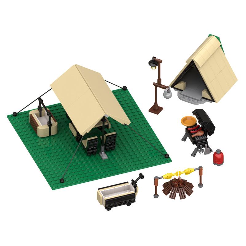 Tidal Camping Picnic Theme Building Blocks: Campsite Tent, Campfire, Table - Lego Compatible.