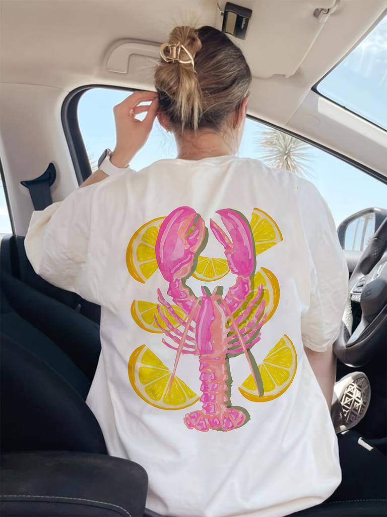 Womens  Cotton Lobster  Lemon Slice Graphic TShirt Short Sleeve Summer Top Tee Adies Beach Wear