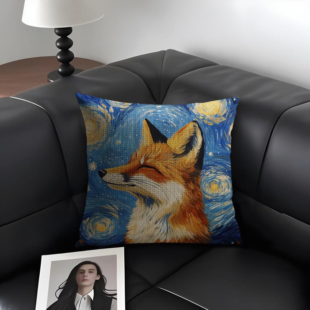 Cute Fox Cushion Cover Summer Breathable Linen Organic Fabric Double-Sided Printing Sofa Pillow Case Home Decor