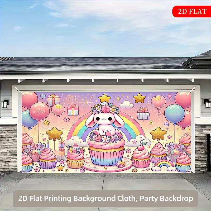

2D Cute Bunny Birthday Backdrop, Pink Cupcake & Rainbow Photography Banner 47.2x31.5inch/120*80cm