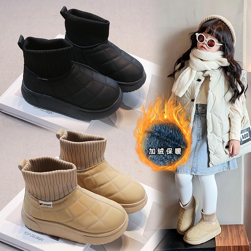 Girls Snow Boots 2025 Winter New Children's Fleece Thickened Cotton Shoes Boys' Warm Short Boots Medium and Older Socks Boots