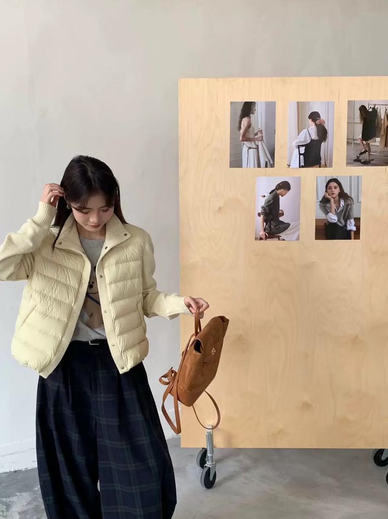 Winter new knitted sleeves down jacket women's short ribs stand-up collar white duck down small coat
