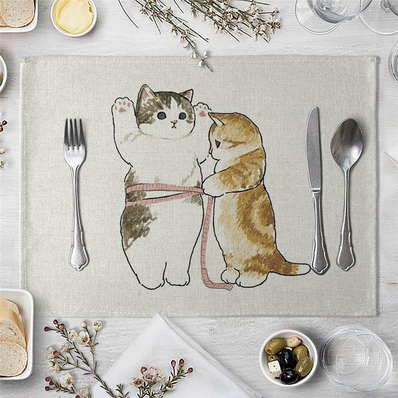 Placemat For Dining Table Cute Cat Cartoon Animal Mat Coaster Creative Printed Heat-resistant Kitchen Dining Accessories Hot Pad