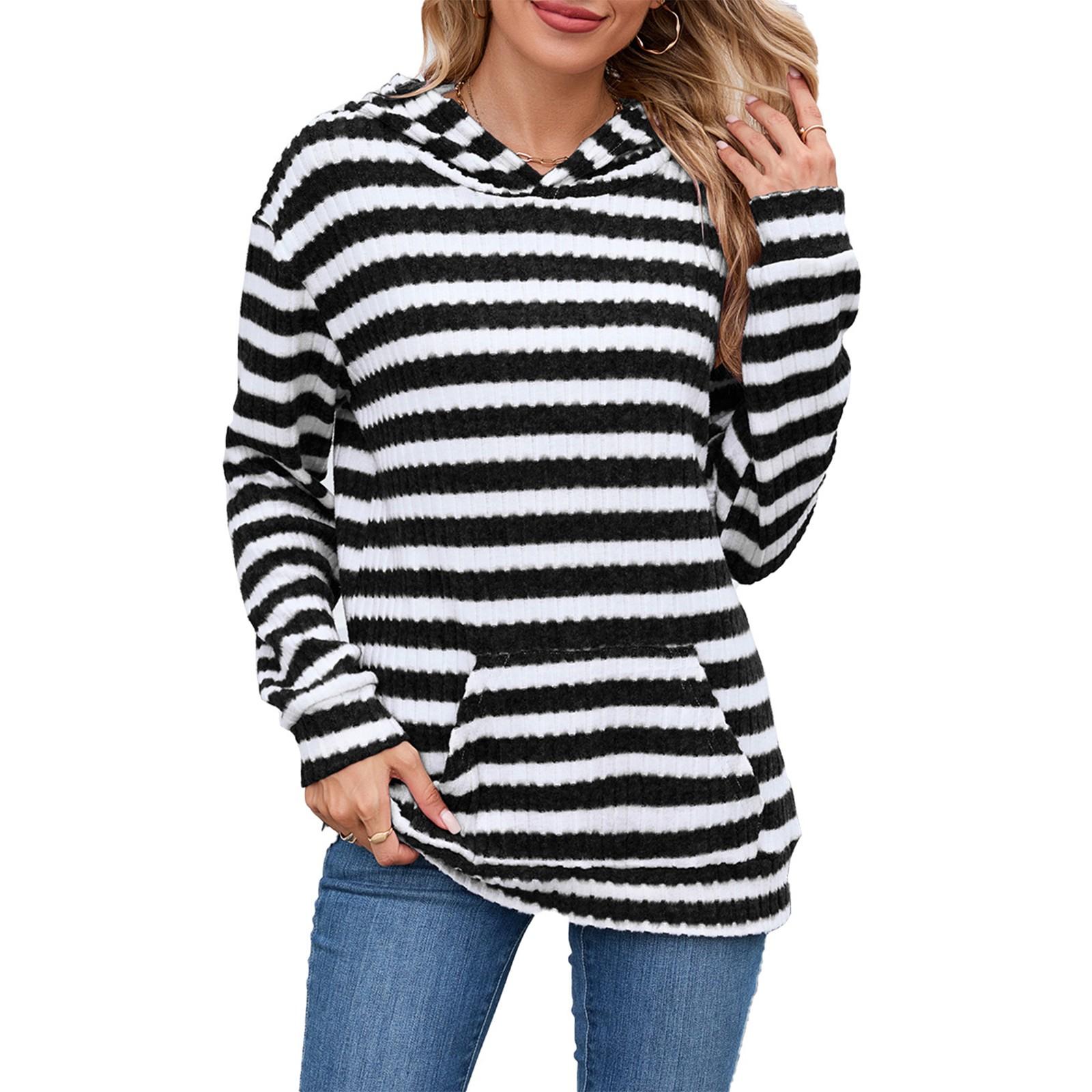 

Women s Fashionable Casual Striped Hooded Pocket Loose Long Sleeved Pullover Top L чёрный