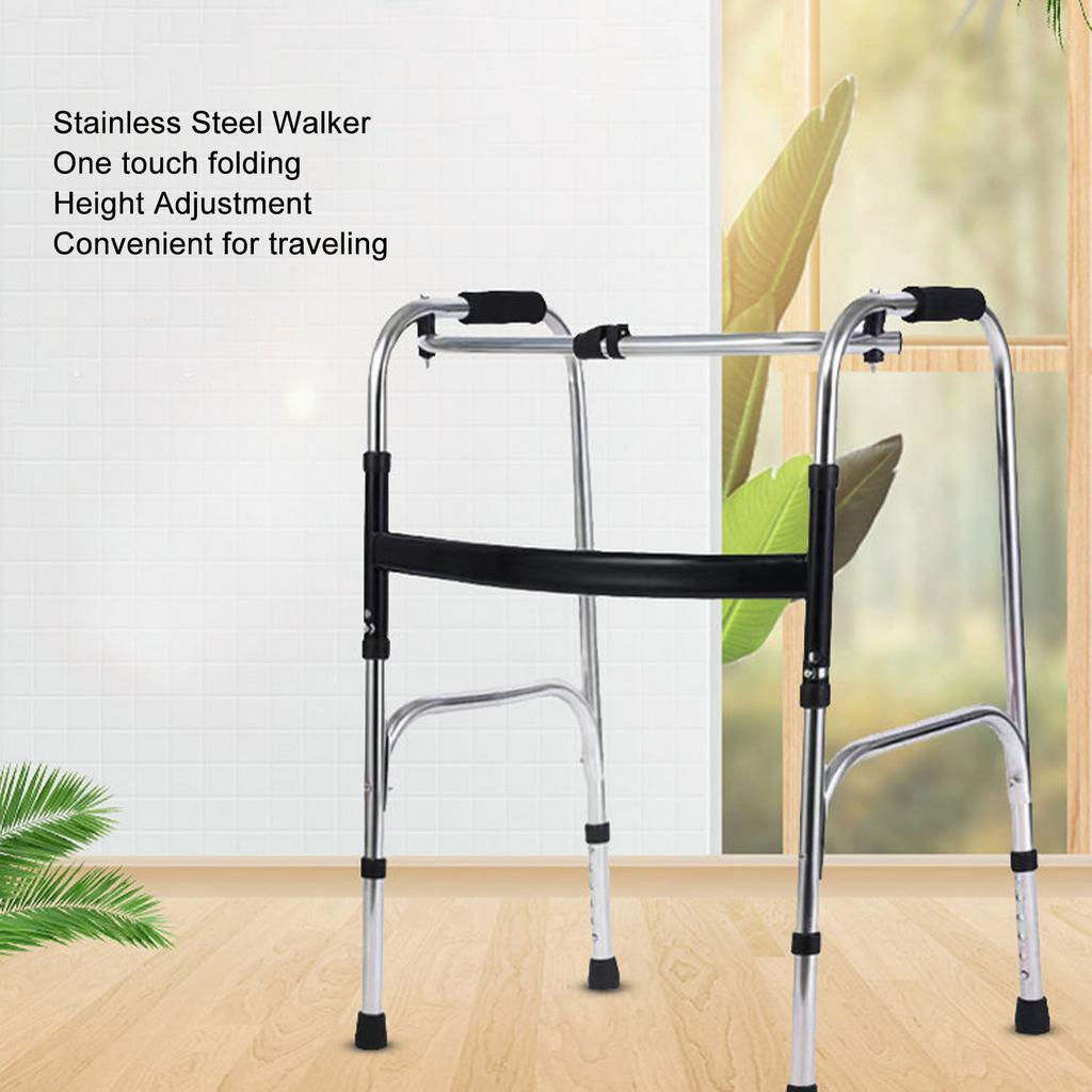 Elderly Folding Walker 6 Height Adjust 4 Legs Stainless Steel Walking Aid with Red Wheels Single Bend