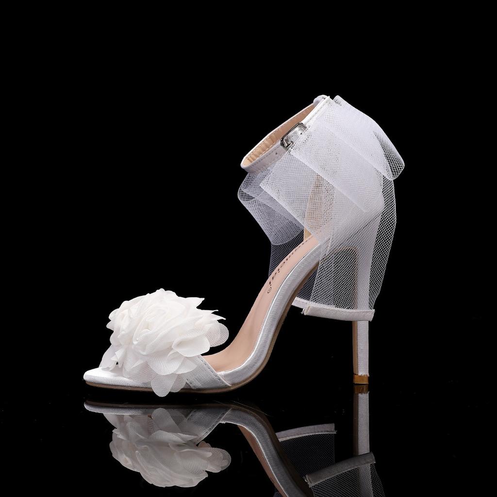 7cm Thick Heel Shallow Mouth Flower High Heel Sandals Women's White Bridal Banquet Wedding Shoes Open Toed 43 Zapatos De Mujer