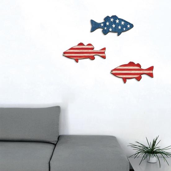 3 szt. Patriotyczne Drewniane Ryby Dekoracja Ścienna na 4 Lipca Wzór Pasków i Gwiazd Flagi Amerykańskiej Ryba Sztuka Ścienna Dekoracja Ścienna w Stylu Nadmorskim Oceanu do Salonu