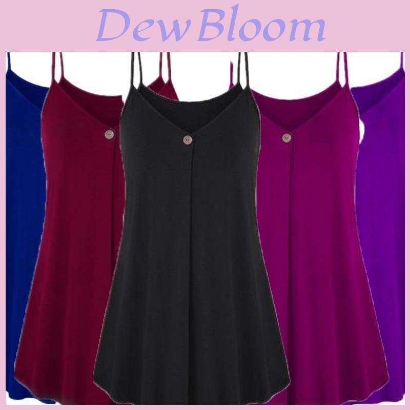 Elegant Women's Fashion Summer Plus V-neck Sleeveless Button Loose Hem T Shirt