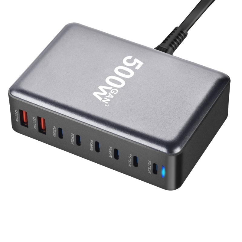 500W Desktop GaNs Chargers 6 USB C 2 USB A Charging Station Desktop Mutliport for Fast Chargers Laptop Power Adapter