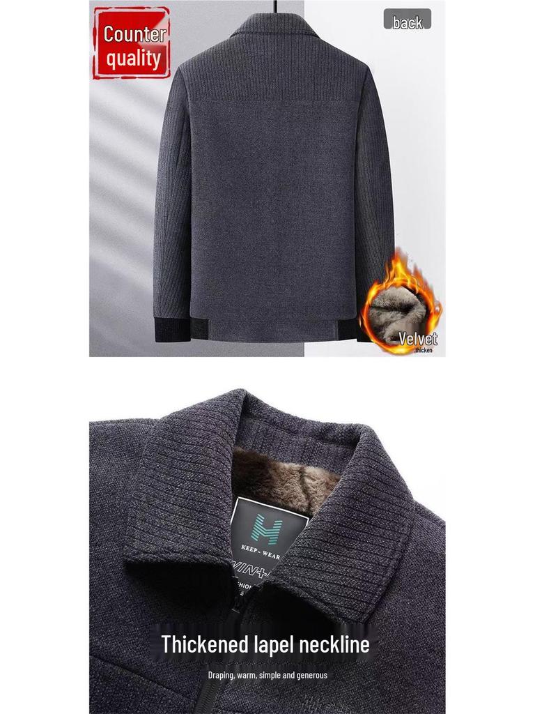 Men's Chenille Lapel Woolen Coat - Velvet Lined Winter Jacket for Middle-Aged and Elderly Dads