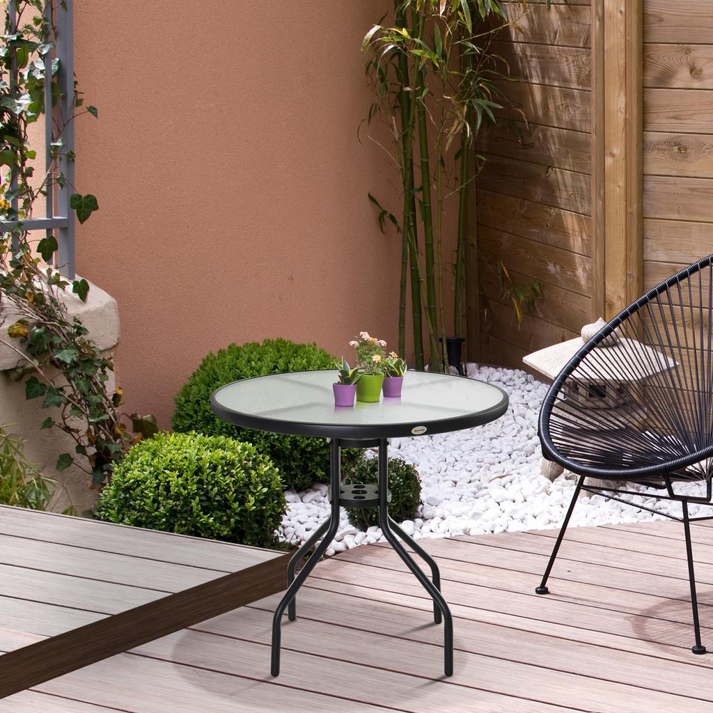 80 cm Schwarzer Runder Garten-Esstisch, Outdoor Kaffee Bistro Beistelltisch mit gehärteter Glasplatte und Stahlrahmen für Terrasse, Veranda