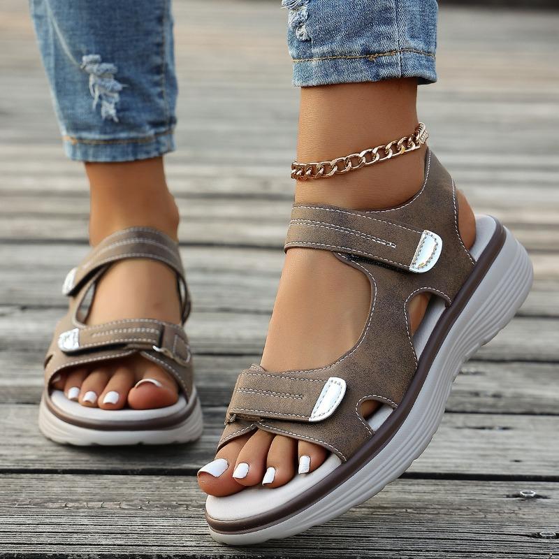Plus Size Women Sporty Hook & Loop Peep Toe One Strap Casual Sandals