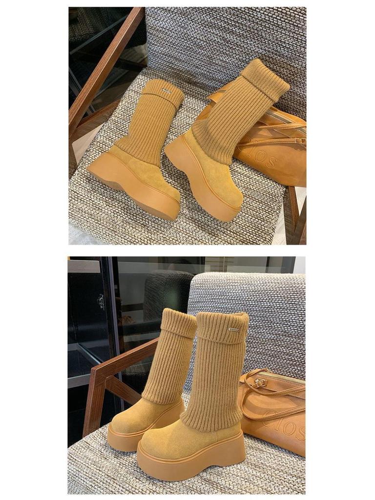 2025 Elastic Knit Sock Boots: Single-Sided Lining, Casual Autumn/Winter, Versatile Streetwear, College Style, Brown.