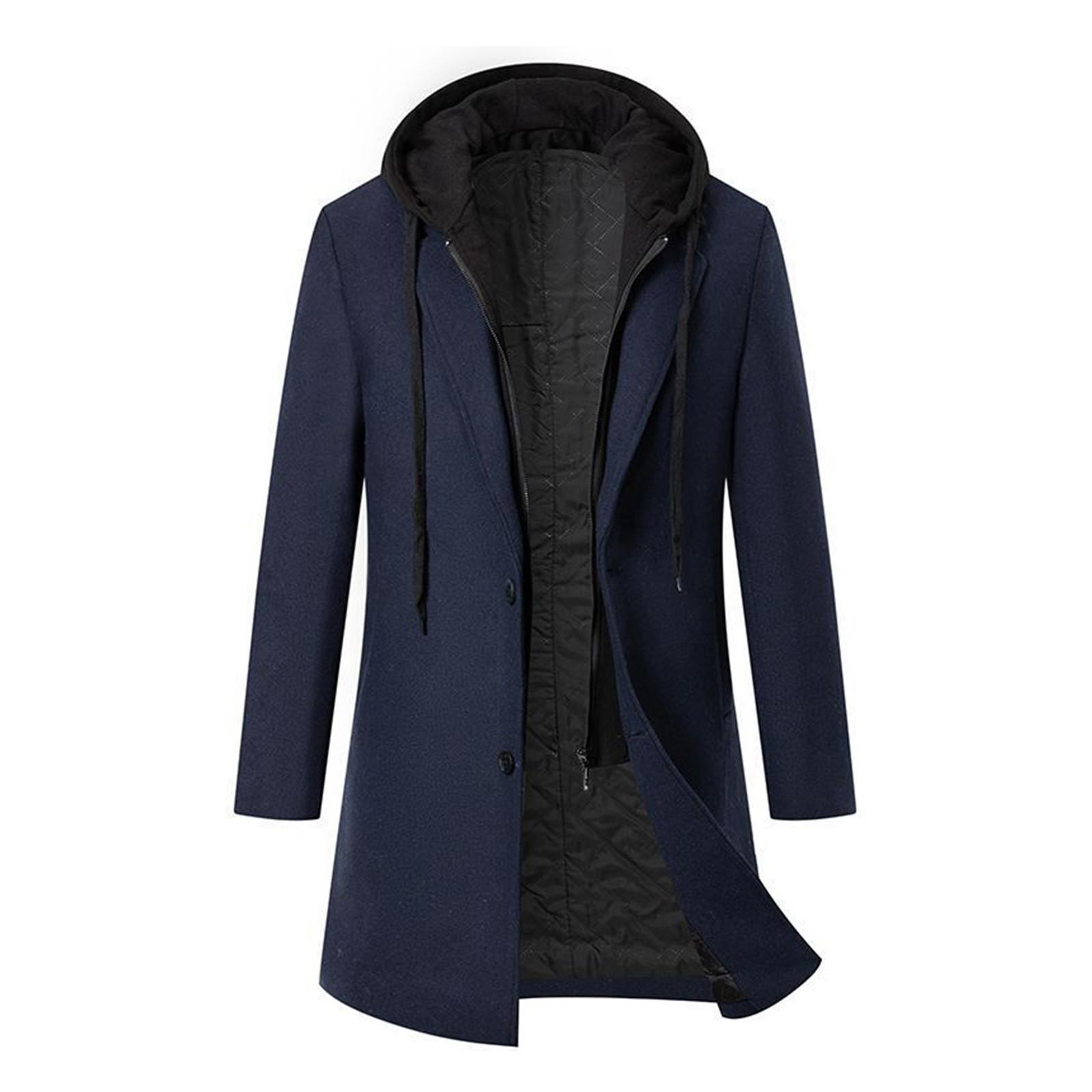 

Модное шерстяное пальто с капюшоном, теплая куртка средней и длинной длины XXL тёмно-синий