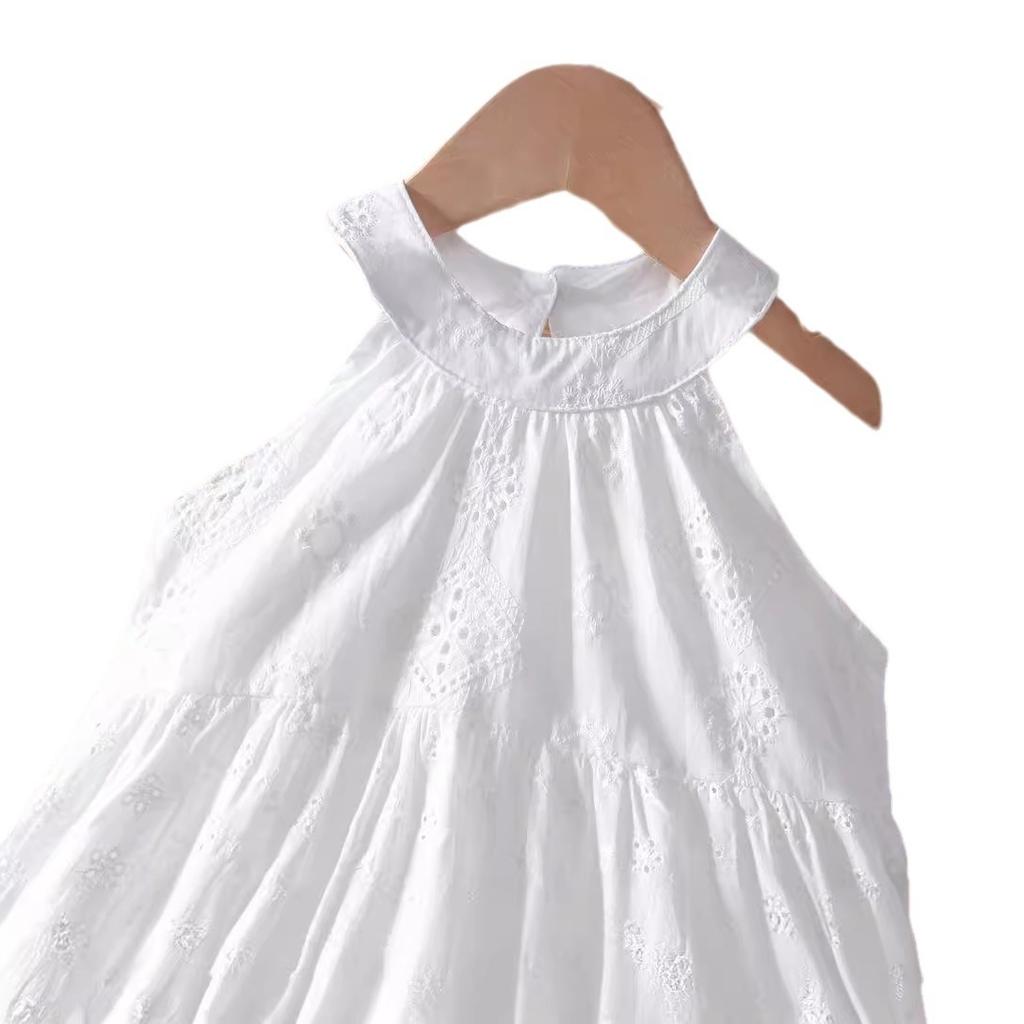 Summer Girls White Lace Embroidered Halter Princess Dress Kids Sleeveless Party Gown