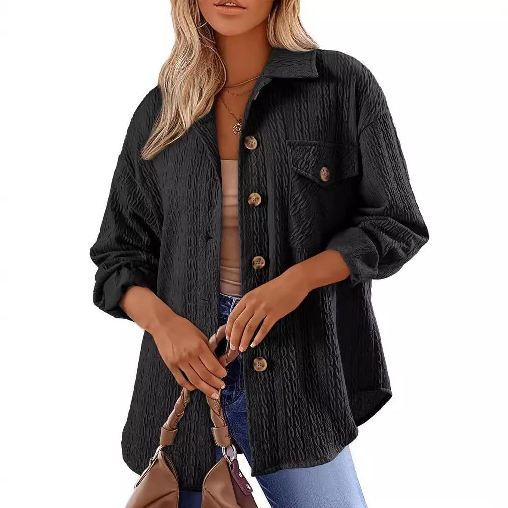 2024 Women's Autumn & Winter Loose Lapel Pocket Button Coat - Solid Color, Long Sleeve