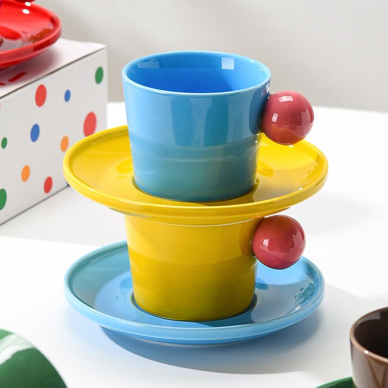 Contrast Colored Meatball Cups and Saucer Set Ceramic Cup Exquisite Coffee Cup Underglaze Colored Water Cup Super Cute Cup